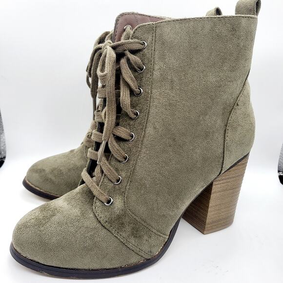 Y2K NIB Candie's Couture Olive Green Ankle Lace-up Chunky Heel Booties Sz 8.5 - Picture 3 of 12